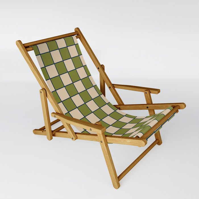 Retro Check Grid Pattern in Midcentury Modern Olive Green Navy Blue Beige Sling Chair