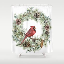 Cardinal Christmas Wreath, Floral Prints Shower Curtain