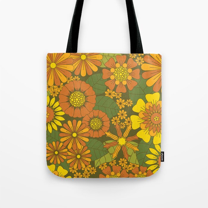 Orange, Brown, Yellow and Green Retro Daisy Pattern Tote Bag