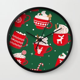 Seamless Pattern. Red Cup with a Hot Drink. Christmas Cute Card 01 Wall Clock
