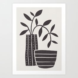 Monochrome Still Life / Striped Bowl and Vase with Leafy Branches Art Print