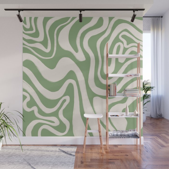 Cheerful Sage Green Liquid Swirl  Wall Mural
