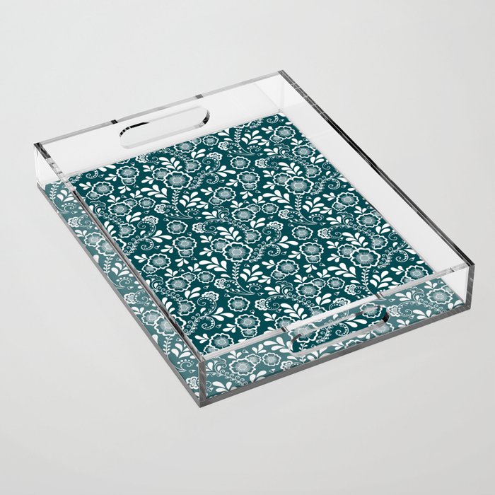 Teal Blue And White Eastern Floral Pattern Acrylic Tray