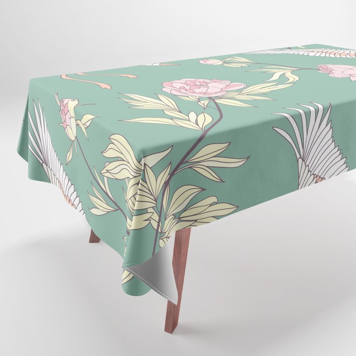 Japanese Ornate Heron Pattern Sage Blush I Tablecloth