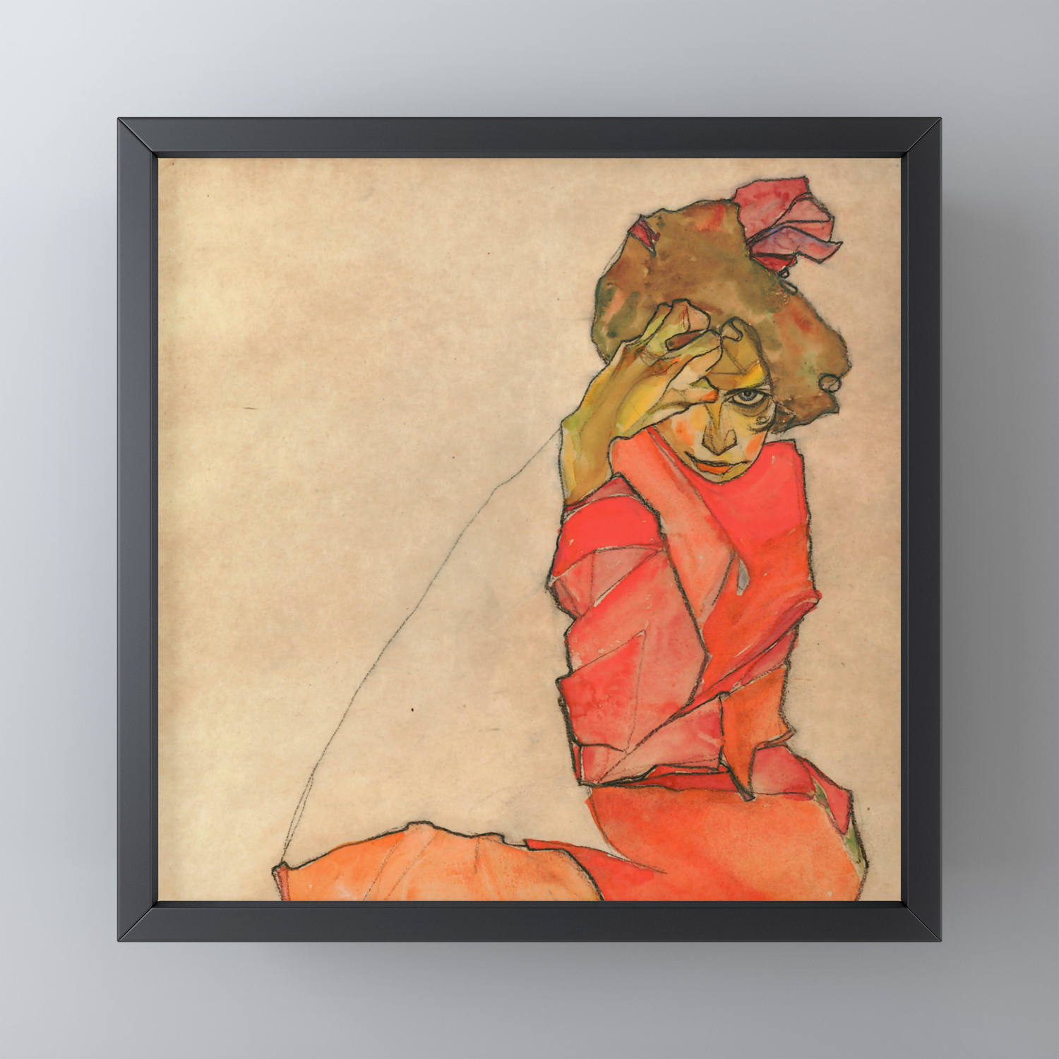Kneeling Female in ORANGE-RED DRESS Egon Schiele donne vestiti Faks /_ B 01624