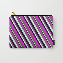 [ Thumbnail: Fuchsia, Dark Olive Green, Light Cyan & Black Colored Lined Pattern Carry-All Pouch ]