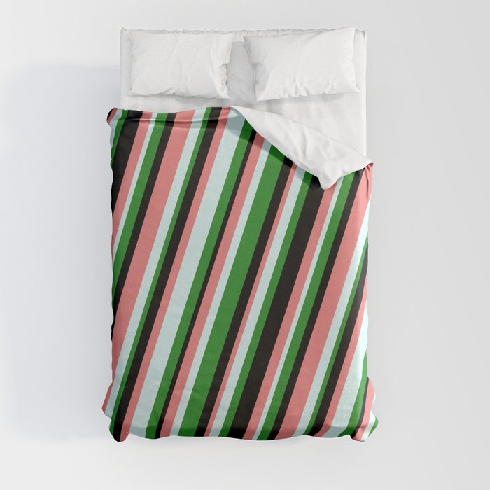 Forest Green, Black, Light Coral & Light Cyan Colored Stripes/Lines Pattern Duvet Cover