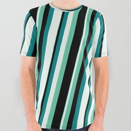 [ Thumbnail: Aquamarine, Black, Teal, and Mint Cream Colored Lined Pattern All Over Graphic Tee ]
