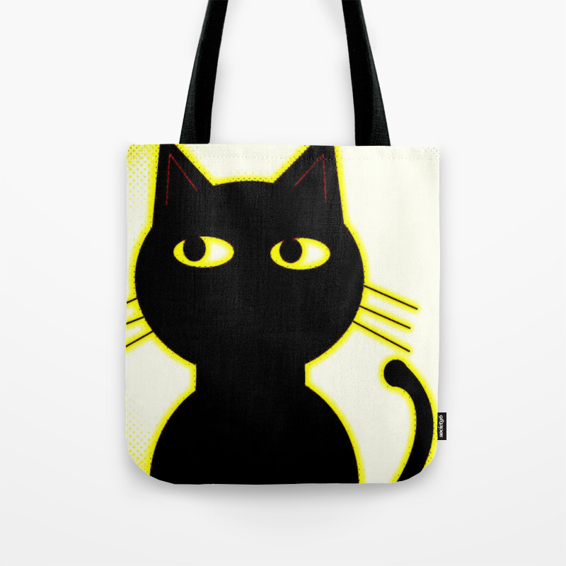 Cute Black Cat Comic Book Effect In Yellow Tote Bag By