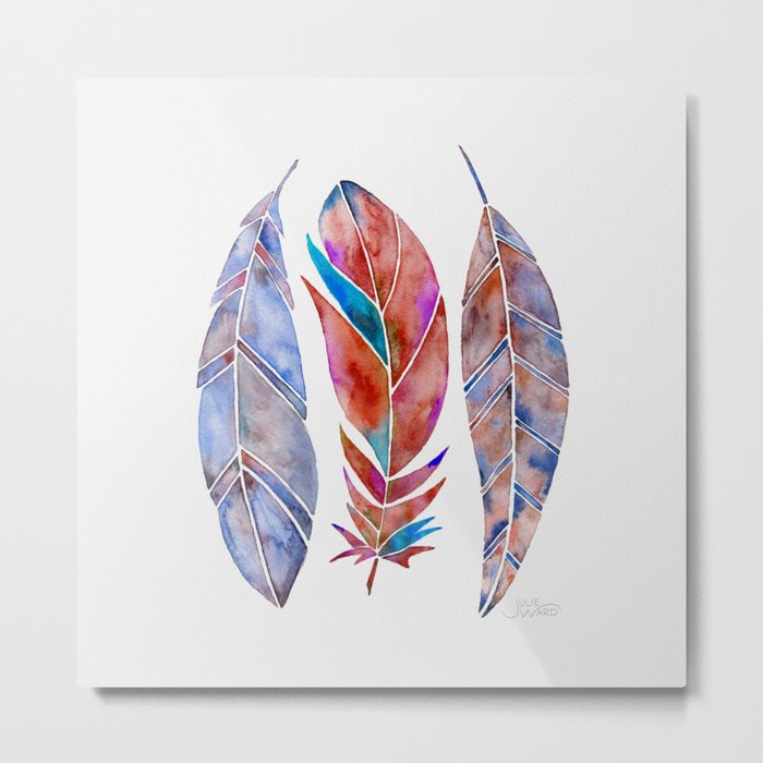 Watercolor Feathers - Red & Purple Metal Print