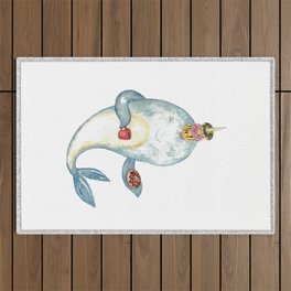 Narwhal whale with dohnut watercolor painting  Outdoor Rug