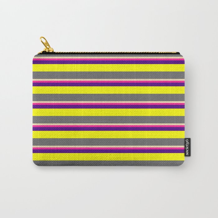 Tan, Deep Pink, Indigo, Yellow, and Dim Gray Colored Striped Pattern Carry-All Pouch