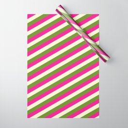 [ Thumbnail: Green, Deep Pink & Light Yellow Colored Lined/Striped Pattern Wrapping Paper ]