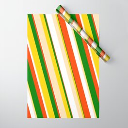 [ Thumbnail: Eye-catching Yellow, Beige, White, Red & Green Colored Pattern of Stripes Wrapping Paper ]