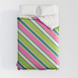 [ Thumbnail: Hot Pink, Teal, Green, and Light Cyan Colored Stripes/Lines Pattern Comforter ]