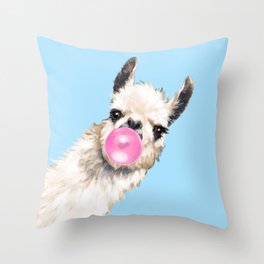 Bubble Gum Sneaky Llama in Blue Throw Pillow