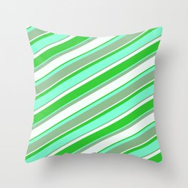 [ Thumbnail: Aquamarine, Dark Sea Green, Mint Cream & Lime Green Colored Lined Pattern Throw Pillow ]