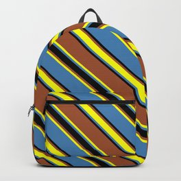 [ Thumbnail: Sienna, Yellow, Blue, and Black Colored Lines/Stripes Pattern Backpack ]