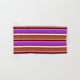 [ Thumbnail: Sienna, Bisque, Dark Orchid, and Maroon Colored Lined/Striped Pattern Hand & Bath Towel ]
