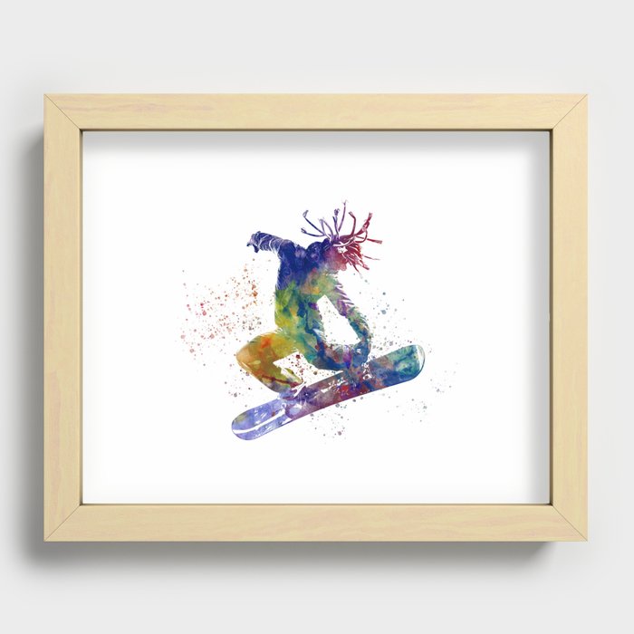 silhouette of young man snowboarder in watercolor Recessed Framed Print