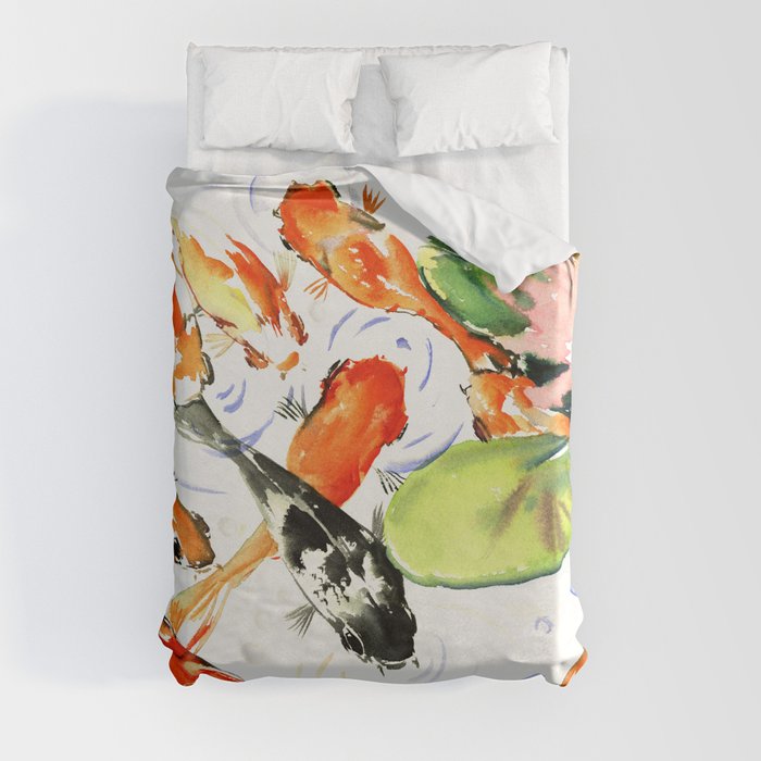 Koi Fish Pond, Feng Shui 9 koi fish art Duvet Cover