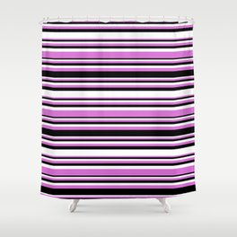 [ Thumbnail: Orchid, Black, and White Colored Striped/Lined Pattern Shower Curtain ]