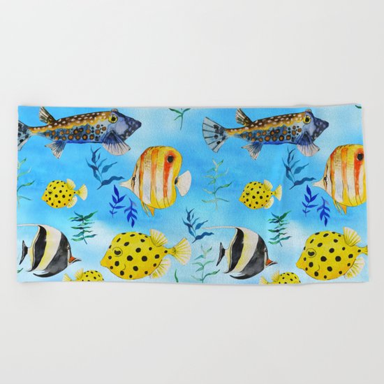 The deep sea-fishes in the sea- watercolor I Beach Towel