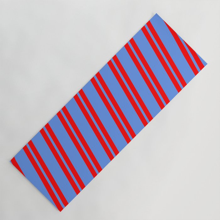 Red and Cornflower Blue Colored Lines Pattern Yoga Mat