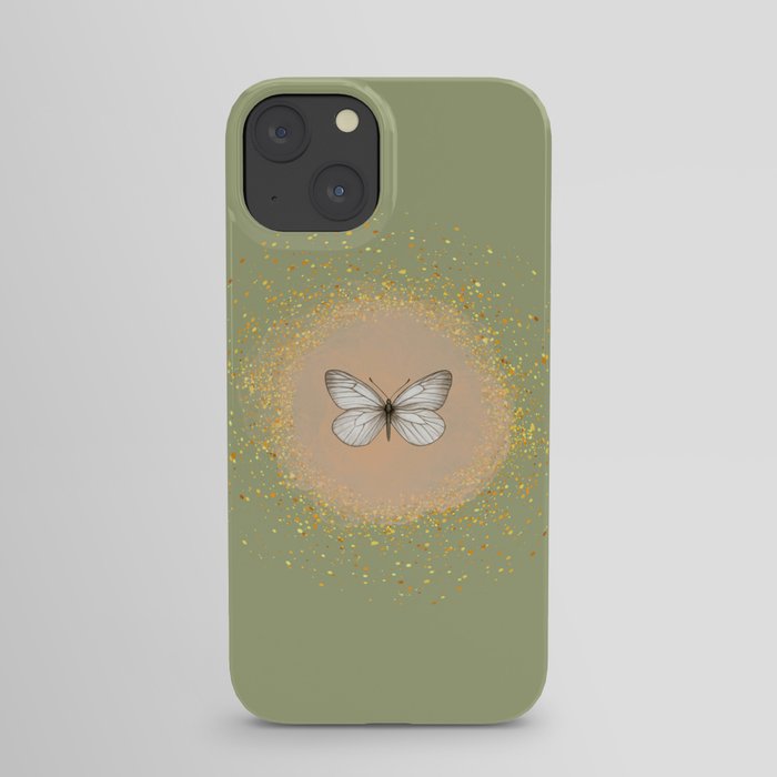 Hand-Drawn Butterfly and Gold Circle Frame on Sage Green iPhone Case