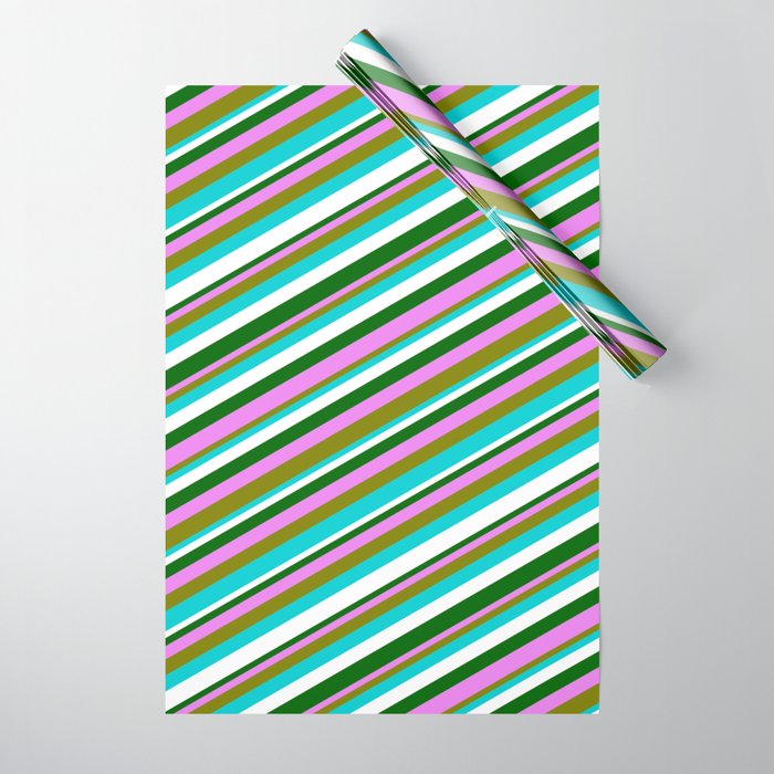 Colorful Violet, Green, Dark Turquoise, White & Dark Green Colored Lines/Stripes Pattern Wrapping Paper