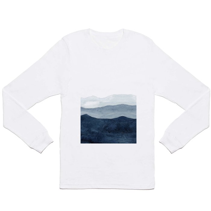 Indigo Abstract Watercolor Mountains Long Sleeve T Shirt