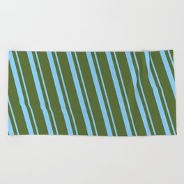 [ Thumbnail: Light Sky Blue and Dark Olive Green Colored Lined/Striped Pattern Beach Towel ]
