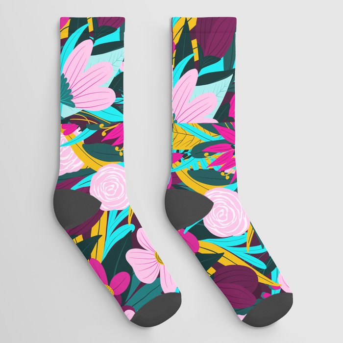 Girly Colorful Floral Leaves Illustration Pattern Socks
