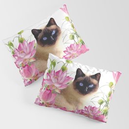 Siam Cat with pink Lotus Flower Blossoms Pillow Sham