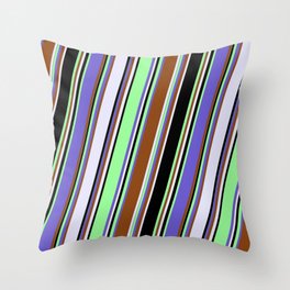 [ Thumbnail: Eyecatching Slate Blue, Brown, Lavender, Black & Green Colored Stripes Pattern Throw Pillow ]