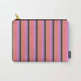 [ Thumbnail: Vibrant Sea Green, Maroon, Light Slate Gray, Violet & Light Coral Colored Stripes Pattern Carry-All Pouch ]
