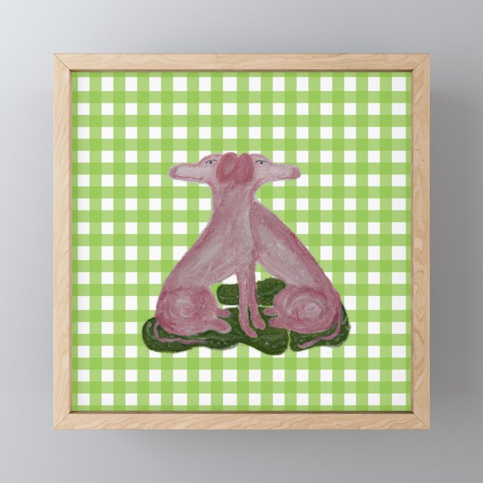 Pink Staffordshire Dogs Greyhounds Gingham Framed Mini Art Print