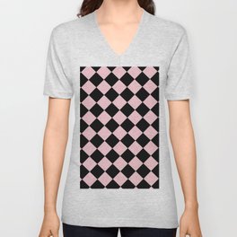 Black And Pink Diamond Checkered Retro Pattern V Neck T Shirt
