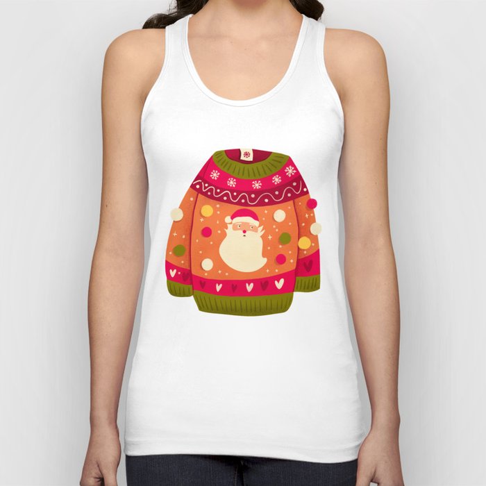 Cute Christmas sweater with Santa Claus and pom-poms. Colorful holiday illustration.  Tank Top