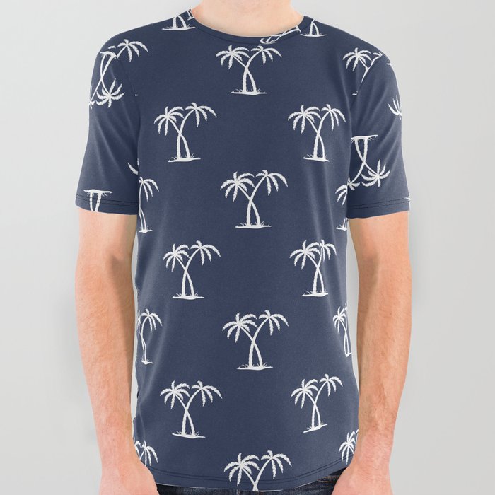 Navy Blue And White Palm Trees Pattern All Over Graphic Tee