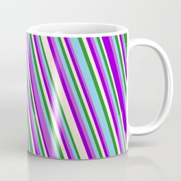 [ Thumbnail: Eye-catching Forest Green, Sky Blue, Orchid, Dark Violet, and Beige Colored Striped/Lined Pattern Coffee Mug ]