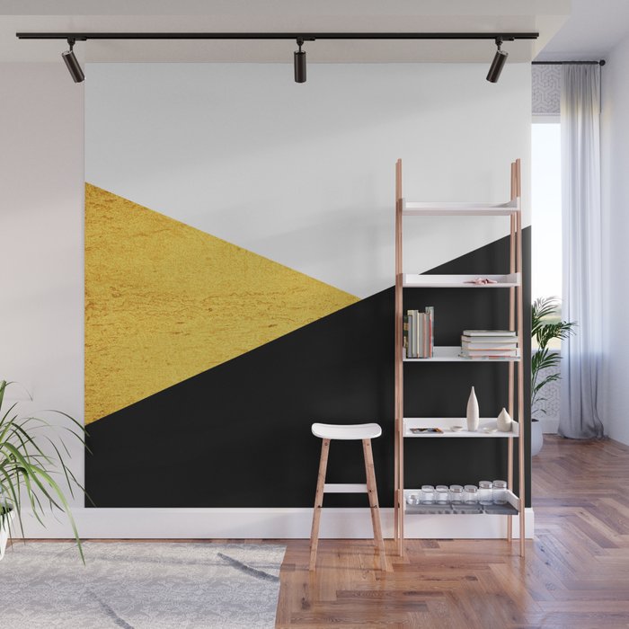Abstract geometric modern minimalist collage of black, white, gold texture colorblock Wall Mural