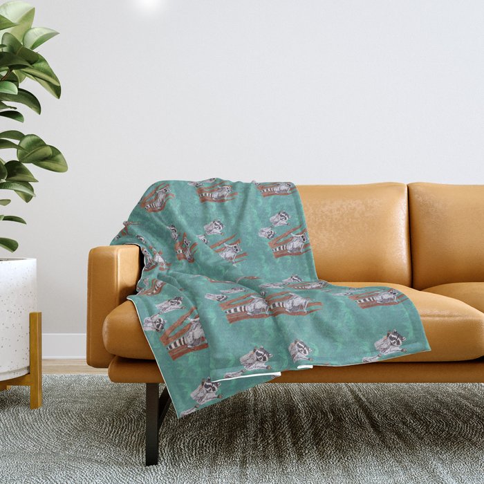 Playful Curious Raccoons Blue Forest Throw Blanket