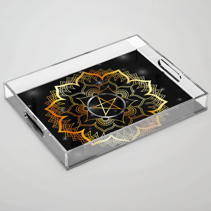 Golden decorative floral mandala sacred geometry Acrylic Tray