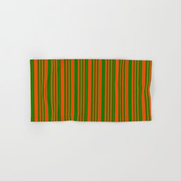 [ Thumbnail: Red & Green Colored Pattern of Stripes Hand & Bath Towel ]