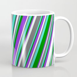 [ Thumbnail: Dim Grey, Turquoise, Green, Purple & Mint Cream Colored Lined Pattern Coffee Mug ]