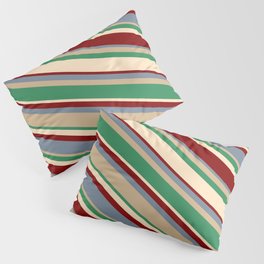 [ Thumbnail: Vibrant Light Slate Gray, Tan, Sea Green, Bisque, and Maroon Colored Lines Pattern Pillow Sham ]