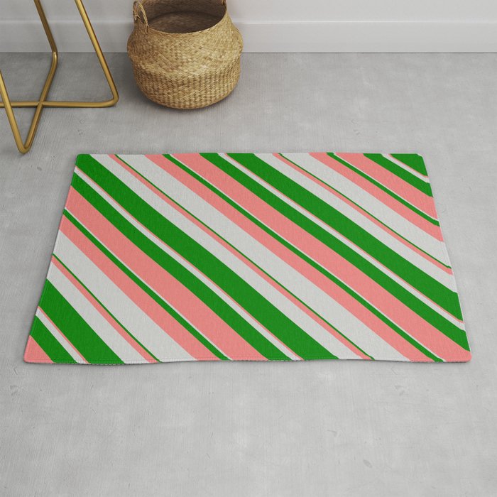 Light Grey, Green & Light Coral Colored Lines/Stripes Pattern Rug
