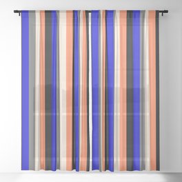 [ Thumbnail: Vibrant Dim Gray, Beige, Coral, Black & Blue Colored Stripes Pattern Sheer Curtain ]