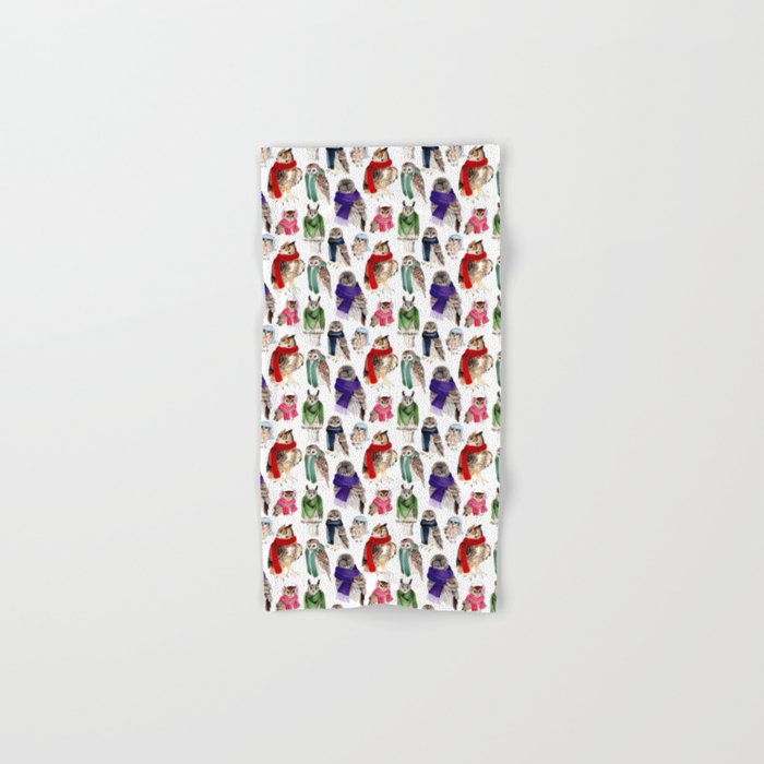 Winter Owls with Scarves on White Hand & Bath Towel